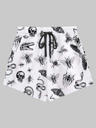 Goth Short casual à taille élastique avec imprimé tout-sur-over plantes et insectes, pour la maison et l'extérieur, grande taille