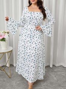 Modelyn Vestido de manga larga con cintura ajustada y estampado floral en color albaricoque para tallas grandes