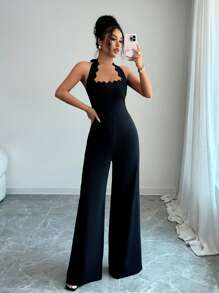 Selianne Elegant Women Wave Halterneck Wide Leg Jumpsuit, Suitable For Commuting, Dating, Vacation - Black - View 7