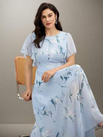 Flouryn Blue & White Floral Chiffon Plus Size Elegant Vacation Dress, Spring/Summer Summer Women Clothes  Curve Plus   Vacation Women Clothes   Shein Curve  Wedding Outfit Women Vintage Clothes