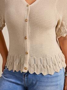 Elaquor Plus Size Women Casual Vacation Style Simple Solid V-Neck Shell Trim Single-Breasted Cardigan Sweater Summer Spring - Apricot - View 7