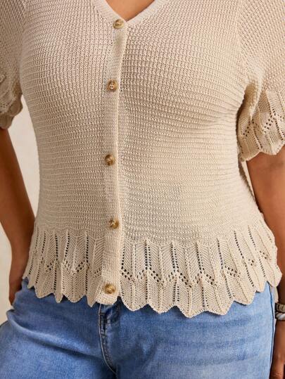 Elaquor Plus Size Women Casual Vacation Style Simple Solid V-Neck Shell Trim Single-Breasted Cardigan Sweater Summer Spring
