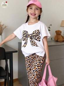 Genkimix Kids Baby Girls Cute Bowknot Print White Crew Neck Short Sleeve Top Paired With Comfortable Leopard Casual Pants, T-Shirt Set, Spring/Summer Baby Girl Leopard Outfit Leopard Print Baby Clothes Baby Girl Cheetah Outfit Newborn Baby Girl Outfit Baby Girl Animal Print Outfit