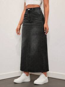 SHEIN EZwear 休闲水洗高腰牛仔长裙 - 黑色 - 查看 6