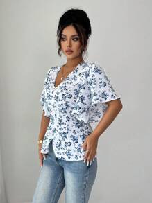 SHEIN Tall Women's Elegant Fitted Blouse With Deep V-Neck, Asymmetric Ruffle, Bell Sleeves And Blue Rose Floral Print On White Background, Suitable For Spring/Summer