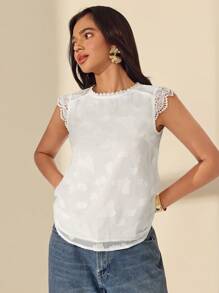 Almamuse Blusa elegante de cuello redondo con mangas cortas de encaje y textura jacquard para mujer - Blanco - Ver 1