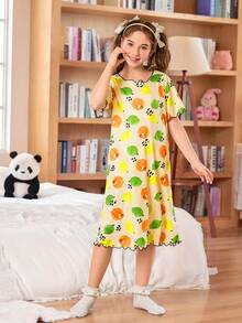 SHEIN 女童水果图案印花休闲宽松睡裙 - 黃色 - 查看 4