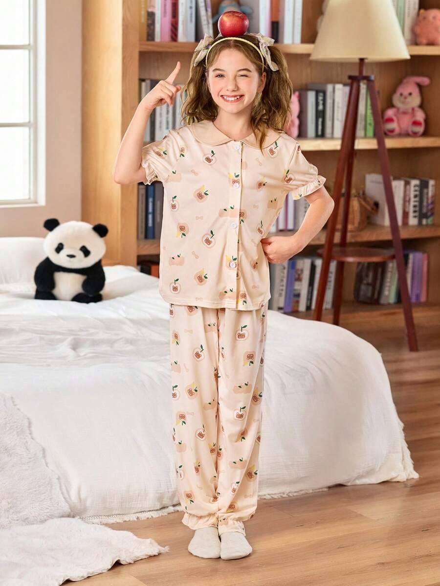 SHEIN 卡通熊和水果印花彼得潘领短袖裤子女童儿童睡衣套装 - 彩色 - 查看 1