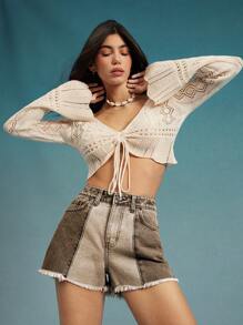 WESTFADE High Rise Western Tonal Patchwork Distressed Hem Denim Jean Cowgirl Shorts Spring Break Summer Beach Vacation