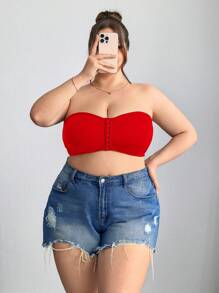 SHEIN CURVE+ 前拉链加大码迷你衬垫文胸背心，加大曲线，波西米亚度假夏季/乡村/海滩度假服装/海滩服装/海滩装 - 紅色 - 查看 4