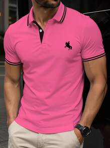 Manfinity Dauomo Men's Solid Color Patchwork Front Button Casual Polo Shirt, Short Sleeve