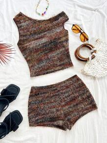 Soleia 女士两件套夏季服装 女士两件套度假服装 女士沙滩装 复古女士夏季时尚不对称领口上衣和短裤两件套 毛绒两件套 棕色两件套 针织两件套 两件套短裤套装 粗花呢两件套 - 彩色 - 查看 3