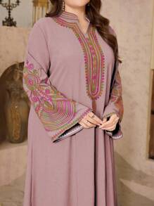 Al Najma Plus Size Embroidered Split Collar Arabic Style Dress For Women, Modest Kaftan - Dusty Pink - View 6