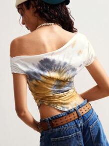 Bohemela Boho Indie Tie-Dye Oblique Collar Fitted Asymmetric Hem Women Casual Tee