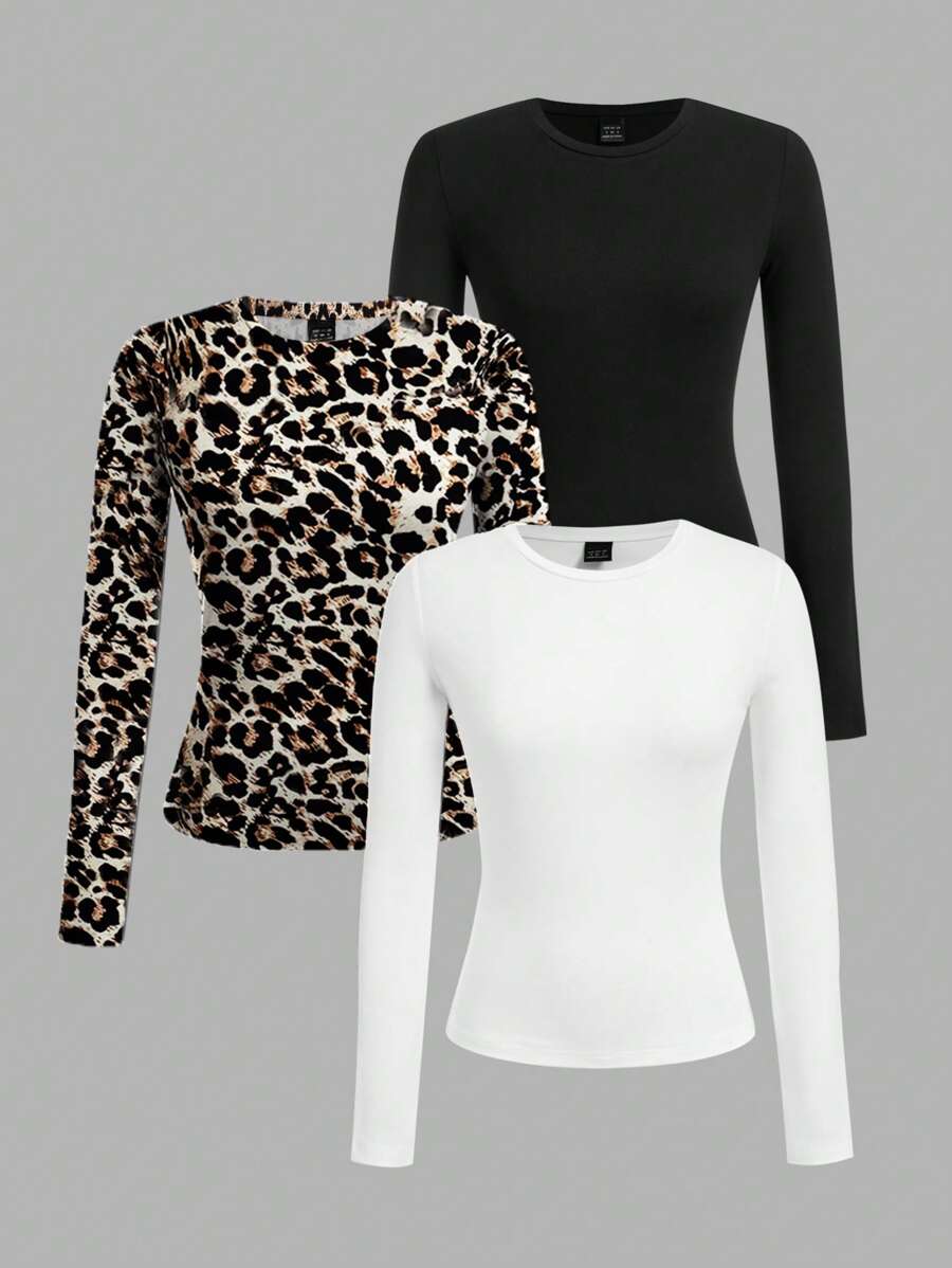 SHEIN EZwear 3pcs/Set Women Casual Crew Neck Bodycon Long Sleeve T-Shirt Set Autumn And Winter Women Long Sleeve Tops - Multicolor - View 1