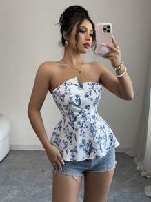 SHEIN PETITE 1 件女式蓝白花卉印花抹胸，束腰 - 藍白色 - 查看 7