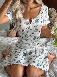 SHEIN 蕾丝拼布方领双扣心形印花罗纹短袖睡袍 - 彩色 - 查看 1