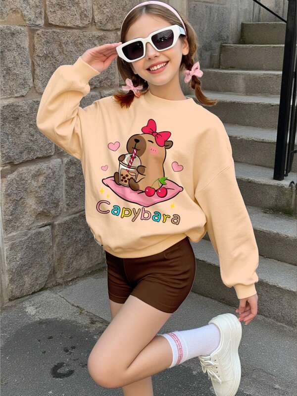 Cute Capybara Bow & Floral Print, Cute Capybara Print, Tween Girl Casual Loose Round Neck Comfortable Long Sleeve Sweatshirt, Suitable For Autumn/Winter