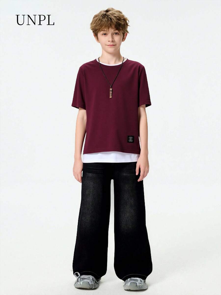 SHEIN Tween Boy Casual Everyday Street Short Sleeve Letter Printed 2-In-1 T-Shirt, Summer - Burgundy - View 1