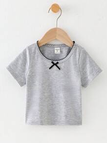 SHEIN 年轻女孩休闲百搭舒适圆领蝴蝶结装饰短袖纯色针织T恤 - 淺灰色 - 查看 3