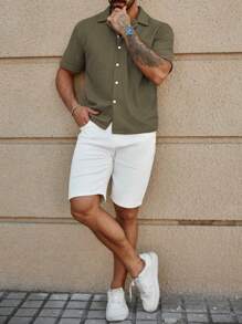 Manfinity Homme 男士休闲纯色短袖衬衫，夏季 - 軍綠色 - 查看 3