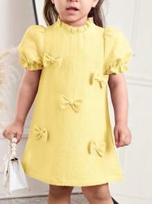 SHEIN 女婴简约设计舒适荷叶边领泡泡袖休闲连衣裙 - 黃色 - 查看 4