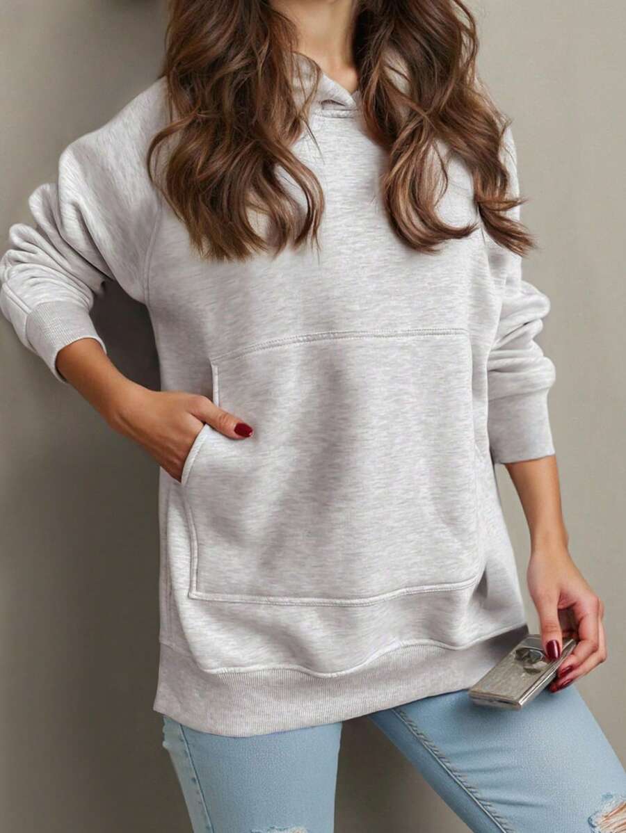 INAWLY Women's Solid Color Hooded Sweatshirt With Large Pockets And Side Split, Casual Graduation,Back To School,Graduation,Teacher For Women,Back To School Pullover Fall Sweatshirt - Grey - View 1