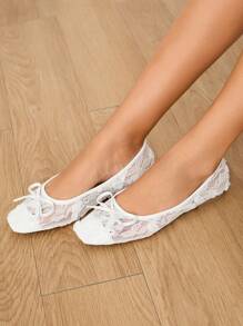 CUCCOO HITCHD Giày bệt mũi vuông thêu ruy băng buộc dây cho nữ, Giày ba lê lưới màu trắng thanh lịch, ngọt ngào, lãng mạn dành cho nữ, Thích hợp cho cô dâu, phù dâu, váy trang trọng, tiệc tùng, đám cưới - trắng - Xem 6