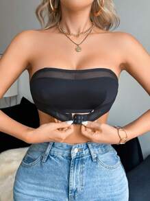 SHEIN Seamless Bandeau Bra With Mesh Panels And Front Closure - Black - View 1