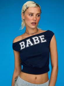 COUREZ Babe Print Off Shoulder T-Shirt /Summer Tops Summer Y2K Cute Summer Tops Vintage Cotton - Navy Blue - View 6