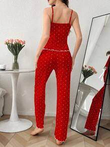 Polka Dot Print Spaghetti Strap Jumpsuit Pajama Set With Ruffle Hem - Red - View 2