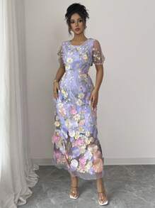 Selianne Váy chữ A thêu hoa thanh lịch cho nữ size chuẩn - Màu tím hoa cà - Xem 3