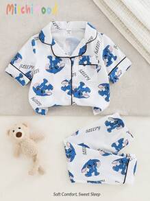 2 Stücke Pyjama-Set für Kleinkinder, Jungen, niedlicher Cartoon-Maus-Kaninchen Muster, weiße Basis, kurzärmelige Strickjacke und Hose, bequemes Pyjama-Set für den Schulanfang, Sommer-Outfits, Back Tp, Schulkleidung, Schulbedarf, Schultaschen, Sommer-Pyjama-Set für Jungen, Nachtwäsche für Kleinkinder, Jungen, Pyjama-Set für Jungen