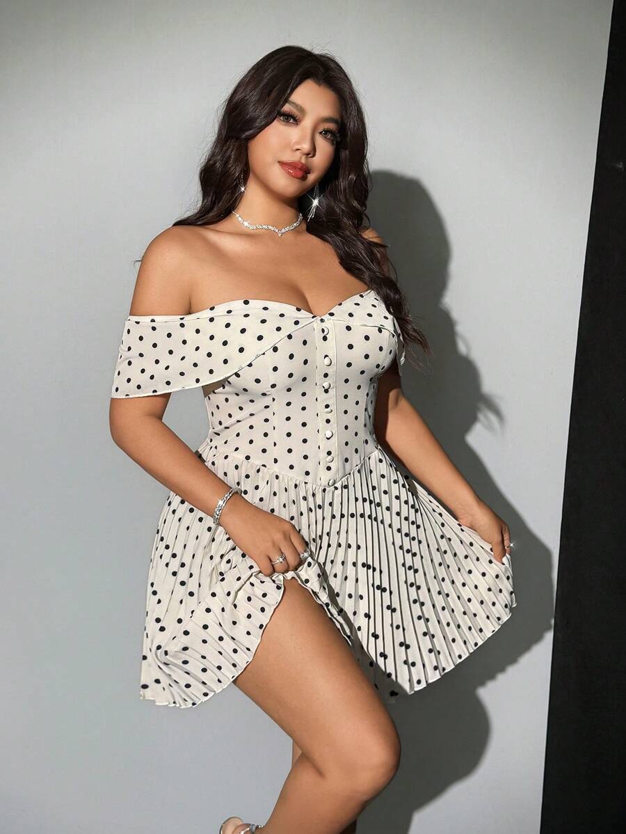 Viva Relle Plus Size Women Elegant Romantic Off-Shoulder Polka Dot Pleated Mini Dress - Multicolor - View 1