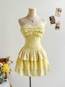 Soleia 女士浪漫假期淡黄色蕾丝荷叶边下摆露肩迷你连衣裙，适合节日约会、下午茶、海滩、邮轮度假、城市旅行、婚礼、音乐节、波西米亚风度假 - 黃色 - 查看 5