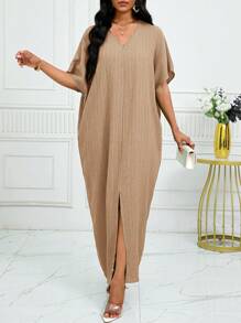 SHEIN Lady Váy midi dài tay xẻ tà bằng vải lanh dệt màu xanh lá cây giản dị mùa xuân và mùa hè Váy cỡ lớn Trang phục đi nghỉ Trang phục đi biển cho phụ nữ Trang phục đi biển cho phụ nữ Váy đi biển Váy dự tiệc cưới Váy công sở thường ngày cho phụ nữ Váy dạ hội - Màu Khaki - Xem 5