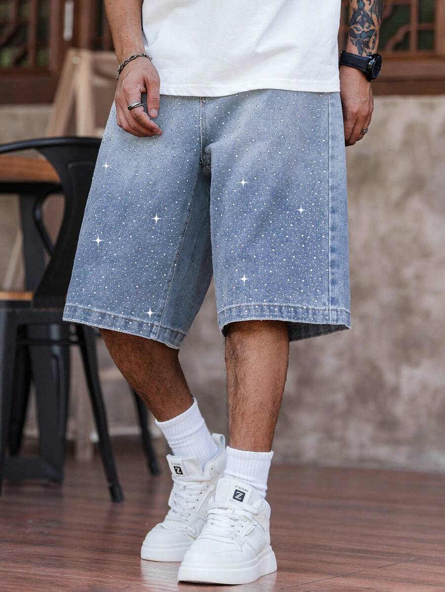 Manfinity Homme Men's Pockets Embellished Loose Fit Wide Leg Denim Bermuda Shorts Tropical Hang Out Workout Going Out Street