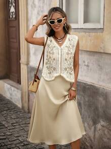 Brillora Floral Pattern Open Front Sweater Vest In Fall/Winter - Beige - View 4