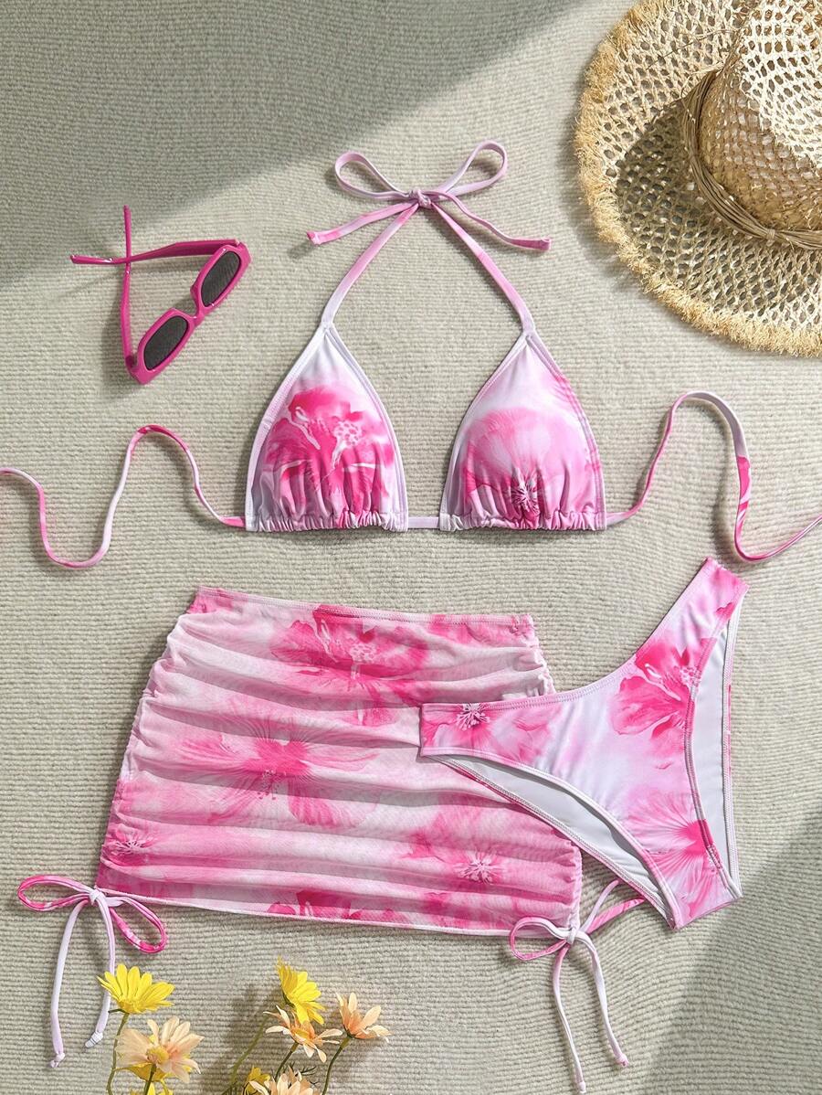 Soleia 3pcs/Set Women Floral Print Beach Bikini Set With Coverup And Mini Skirt - Multicolor - View 1