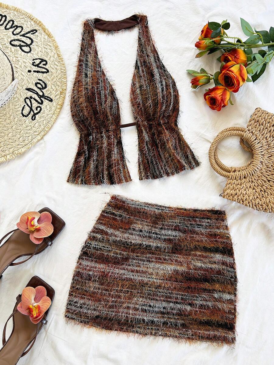Soleia Women's Vacation Style Allover Print Backless Halter Top And Frayed Hem Skirt 2-Piece Set Brown Two Piece Set Women Fuzzy Two Piece Set Boho Two Piece Set  Fall Women Clothes Fall Outfits  Winter Clothes Back To School  Christmas Clothes Date Night Outfits Women   Punk Off The Shoulder Sweate,Sexy Top - Coffee Brown - View 1