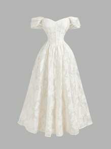 SHEIN MOD 露肩蝴蝶袖收腰长裙，激光切割纹理面料，乳白色露肩连衣裙，白色压花连衣裙，飘逸连衣裙，伴娘服，女士优雅服装，女士生日礼服 - 杏色 - 查看 1