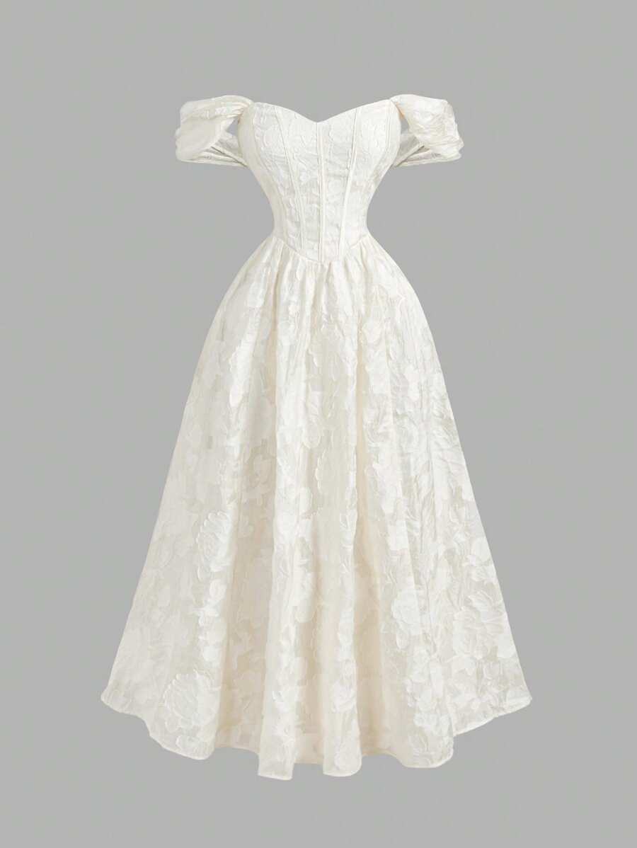 SHEIN MOD 露肩蝴蝶袖收腰长裙，激光切割纹理面料，乳白色露肩连衣裙，白色压花连衣裙，飘逸连衣裙，伴娘服，女士优雅服装，女士生日礼服 - 杏色 - 查看 1