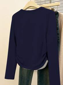 SHEIN EZwear 女士字母印花二合一长袖休闲 T 恤 - 藏蓝色 - 查看 2