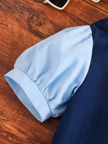 Vestido de niña preadolescente con cuello Peter Pan, contraste de color, lazo y manga abullonada, adecuado para el verano - Azul - Ver 3