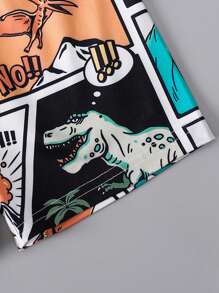 SHEIN Playful Pals 1 套男婴时尚酷炫可爱卡通恐龙涂鸦印花无袖上衣和短裤套装，适合外出和日常穿着，夏季