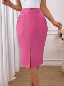 Falda casual de largo medio, sencilla, para uso diario - Rosa Fucsia - Ver 5