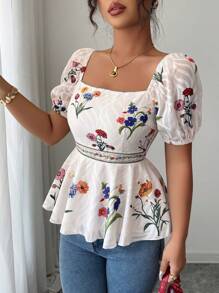 Elenzga Áo cánh nữ cổ vuông tay bồng ngắn in hoa viền bèo nhún, phong cách nghỉ dưỡng - Nhiều màu - Xem 6