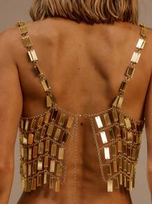 SHEIN x Eduarda Gutierrez MUSERA Chain Mirrored Mini Panel Strappy Fastening Back Top Ibiza, Holiday, Vacation, Beach Night Out Going Out Club Sexy Top Party Sparkly Fall - Gold - View 4