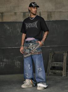 AXEPEAK 男士夏季水钻字母装饰圆领短袖休闲 T 恤，情绪摇滚，街头服饰 - 黑色 - 查看 5