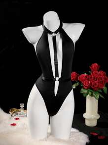 SHEIN 1 件时尚吊带镂空露背性感黑色女式紧身衣